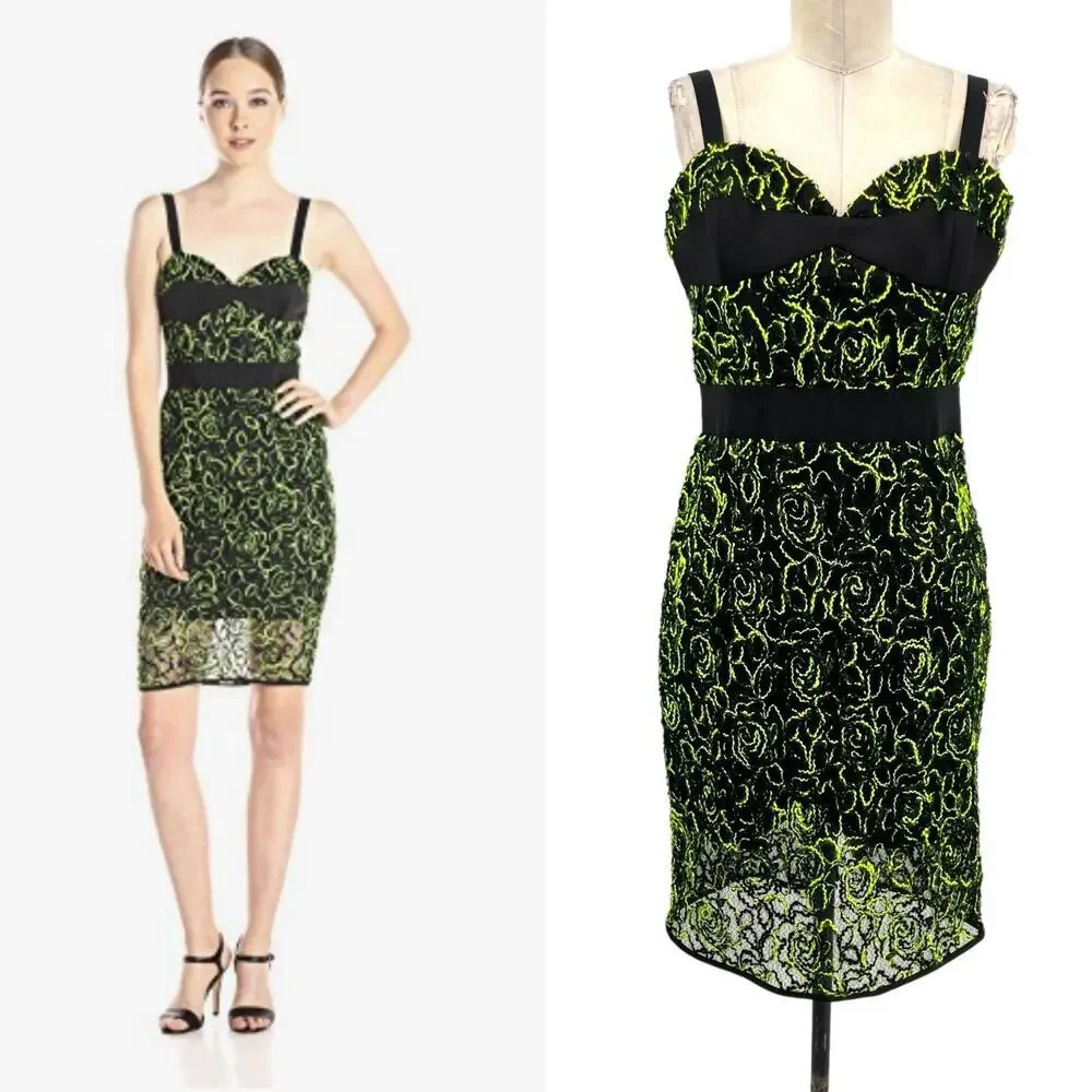 MILLY Neon Webbing Corset Dress Black Green Size‎ 10